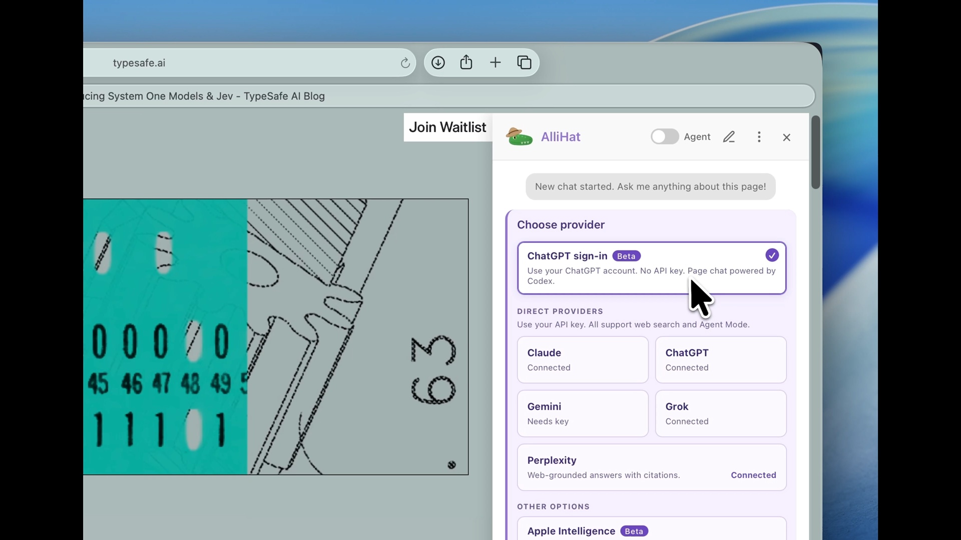 AlliHat model picker showing ChatGPT account sign-in in Safari